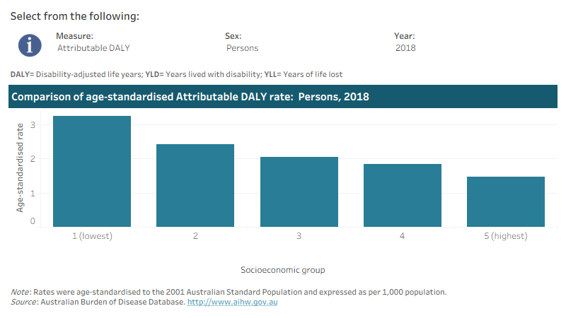This interactive data visualisation shows the rate of burden attributable to air pollution by socioeconomic group. The main section shows a bar graph which can be customised to report data according to year, sex and measure of attributable burden. Each bar represents the attributable burden within a particular socioeconomic group due to air pollution.
