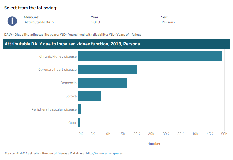 This interactive data visualisation shows the burden attributable to impaired kidney function by linked disease. The main section shows a horizontal bar graph which can be customised to report data according to year, sex and measure of attributable burden. Each bar represents the attributable burden of the disease linked to impaired kidney function.
