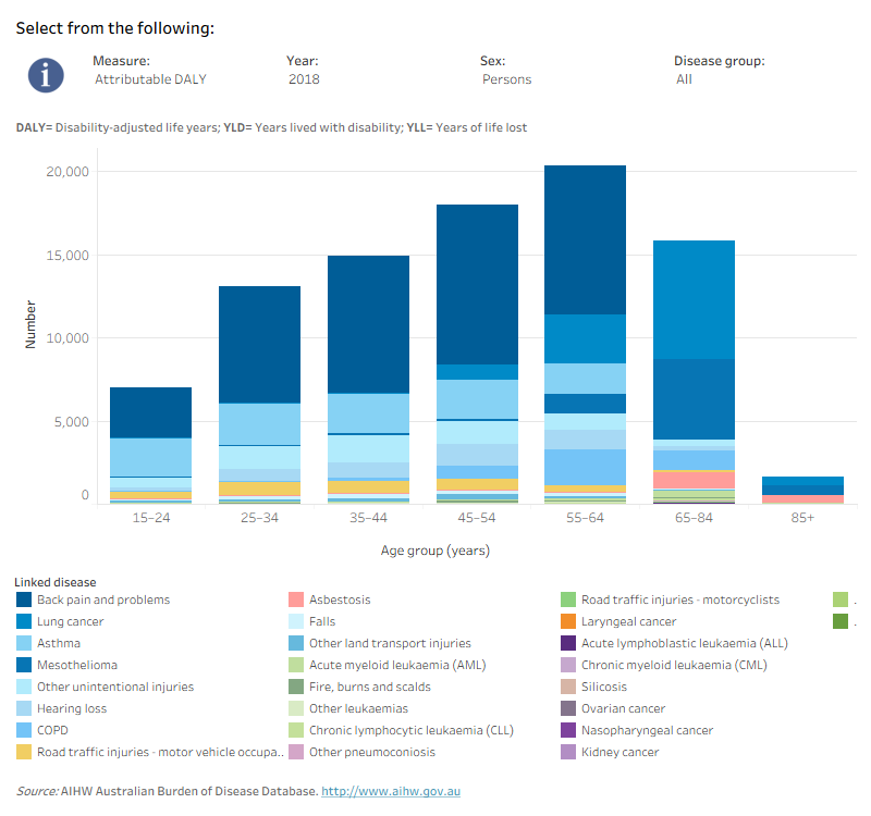 This interactive data visualisation shows the amount of burden attributable to occupational exposures and hazards by age group and linked disease. The main section shows a stacked bar graph which can be customised to report data according to year, sex, disease group and measure of attributable burden. Each bar represents the attributable burden within a particular age group. Each bar is also split into separate components with each colour representing a disease linked to occupational exposures and hazards.
