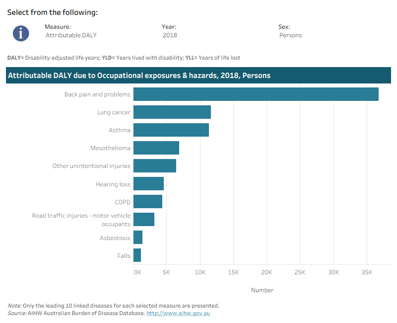 This interactive data visualisation shows the burden attributable to occupational exposures and hazards by linked disease. The main section shows a horizontal bar graph which can be customised to report data according to year, sex and measure of attributable burden. Each bar represents the attributable burden of the disease linked to occupational exposures and hazards.
