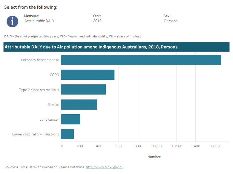 This interactive data visualisation shows the burden attributable to air pollution among Indigenous Australians by linked disease. The main section shows a horizontal bar graph which can be customised to report data according to year, sex and measure of attributable burden. Each bar represents the attributable burden of the disease linked to air pollution.
