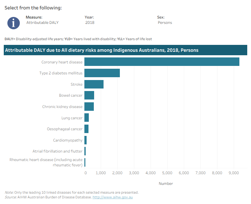 This interactive data visualisation shows the burden attributable to dietary risks among Indigenous Australians by linked disease. The main section shows a horizontal bar graph which can be customised to report data according to year, sex, type of dietary risk and measure of attributable burden. Each bar represents the attributable burden of the disease linked to the type of dietary risk.
