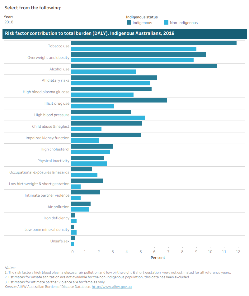 This interactive data visualisation shows the contribution of each risk factor to total burden by Indigenous status. The main section shows horizontal bar graphs which can be customised to report the contribution by year.
