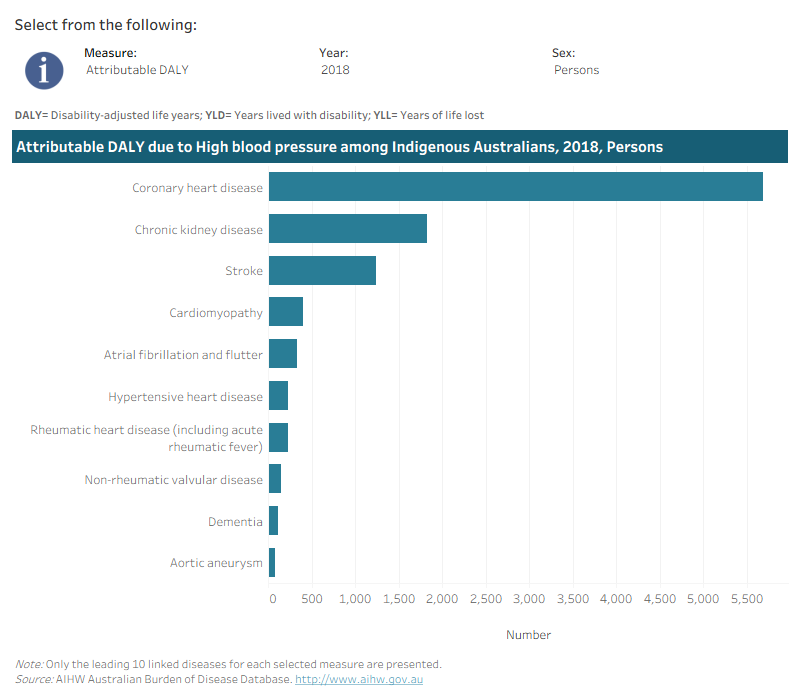 This interactive data visualisation shows the burden attributable to high blood pressure among Indigenous Australians by linked disease. The main section shows a horizontal bar graph which can be customised to report data according to year, sex and measure of attributable burden. Each bar represents the attributable burden of the disease linked to high blood pressure.
