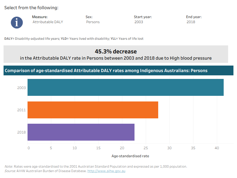 This interactive data visualisation shows the rate of burden attributable to high blood pressure among Indigenous Australians by year. The main section shows a horizontal bar graph which can be customised to report data according to year, sex and measure of attributable burden. Each bar represents the attributable burden within a particular year due to high blood pressure.
