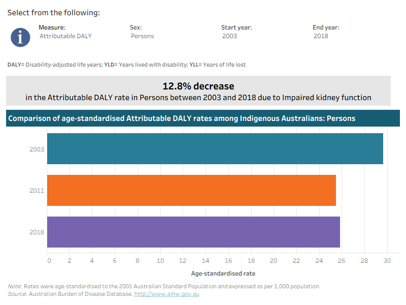 This interactive data visualisation shows the rate of burden attributable to impaired kidney function among Indigenous Australians by year. The main section shows a horizontal bar graph which can be customised to report data according to year, sex and measure of attributable burden. Each bar represents the attributable burden within a particular year due to impaired kidney function.
