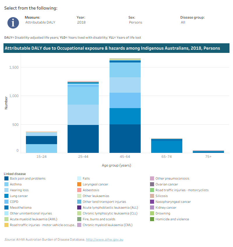 This interactive data visualisation shows the amount of burden attributable to occupational exposures and hazards among Indigenous Australians by age group and linked disease. The main section shows a stacked bar graph which can be customised to report data according to year, sex, disease group and measure of attributable burden. Each bar represents the attributable burden within a particular age group. Each bar is also split into separate components with each colour representing a disease linked to occupational exposures and hazards.
