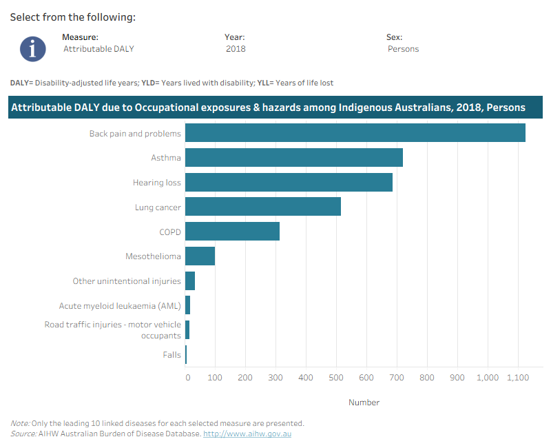 This interactive data visualisation shows the burden attributable to occupational exposures and hazards among Indigenous Australians by linked disease. The main section shows a horizontal bar graph which can be customised to report data according to year, sex and measure of attributable burden. Each bar represents the attributable burden of the disease linked to occupational exposures and hazards.
