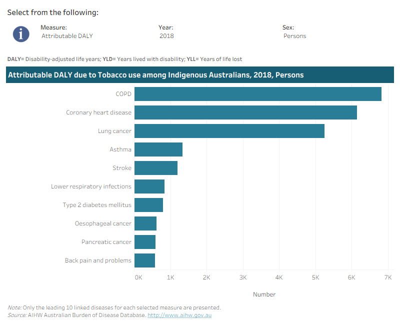This interactive data visualisation shows the burden attributable to tobacco use by linked disease among Indigenous Australians. The main section shows a horizontal bar graph which can be customised to report data according to year, sex and measure of attributable burden. Each bar represents the attributable burden of the disease linked to tobacco use.
