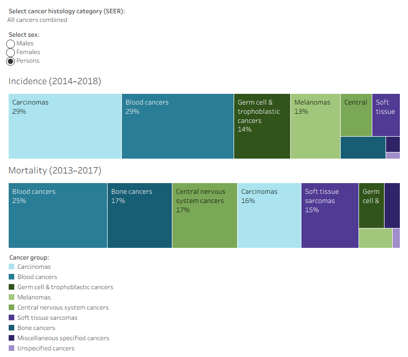 These are tree maps showing, for people aged 15–24, the proportion of cancer cases and the proportion of cancer deaths, by cancer category. The figure can be filtered by cancer histology and sex. The figure shows that common cancers may not necessarily result in a large number of deaths. For example, in 2014–2018, 29% of all cancer cases in adolescents and young adults were carcinomas however, only 16% of deaths were due to this type of cancer.
