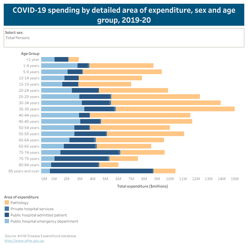 This visualisation looks at COVID-19 spending by area of expenditure, sex and age group in 2019-20. Adults aged 35-39 years had the highest expenditure due to COVID-19.

