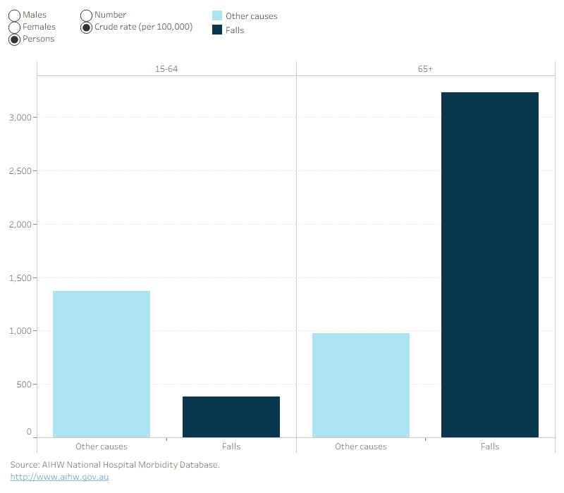 Bar chart showing that people aged 65 and older have a much higher rate of hospitalised falls than younger adults. The deaths in this bar chart are highest for falls in the 65 and over age group.
