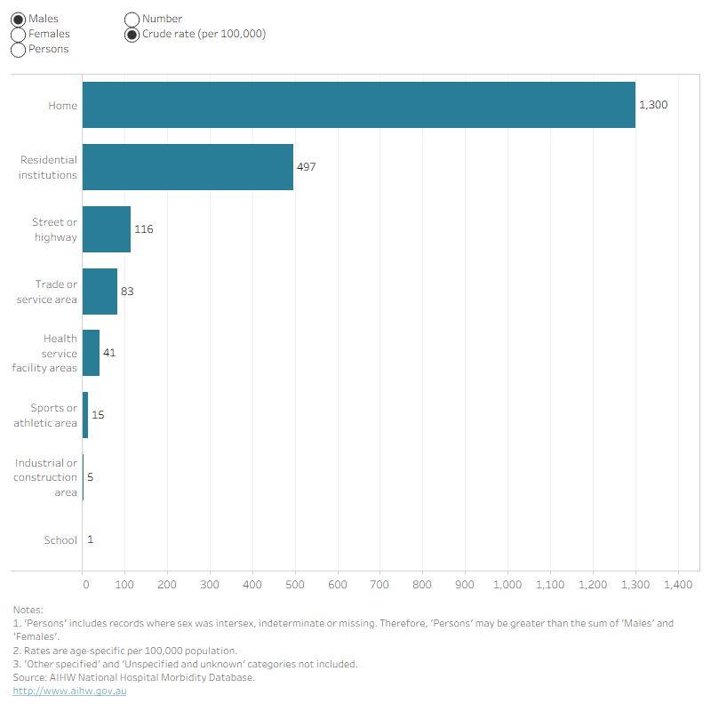Bar graph showing falls in the home followed by residential institutions had the highest number and rate of fall hospitalisations. Residential institutions had the highest number and rate of fall deaths for both males and females.
