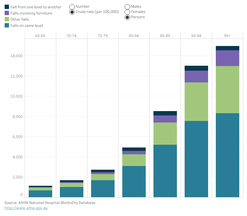 Stacked column graph showing that falls on the same level were the most common type of fall leading to hospitalisation, whereas other falls were the most common fall type leading to death in all ages.
