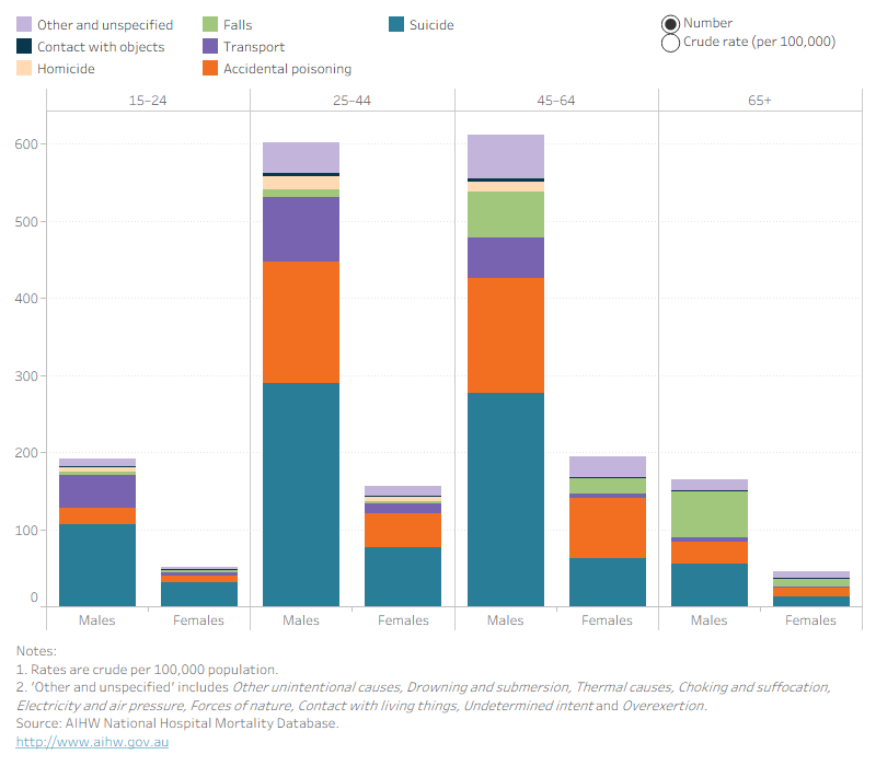 Stacked column graph showing the top causes of alcohol-related injury deaths were suicide and accidental poisoning for those aged 15–44. For males aged 65 and over, falls was the leading cause of alcohol-related injury death.
