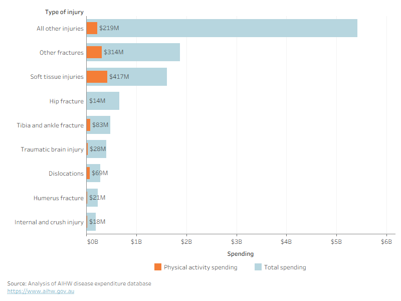 Bar chart showing total injury spending and spending due to physical activity by injury type. Spending due to physical activity was highest for soft tissue injuries ($417 million).