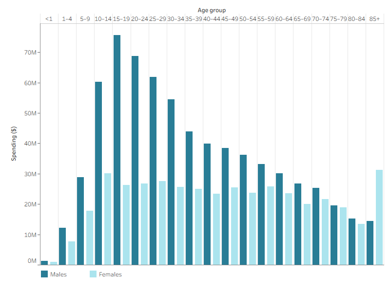 Bar chart showing total spending from physical activity related injuries, by age and sex. Injury spending was higher for males than females in all age groups except 85+.