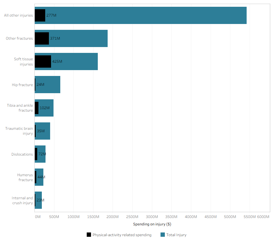 This stacked bar chart shows the spending from sport and total injury spending for each injury type.
