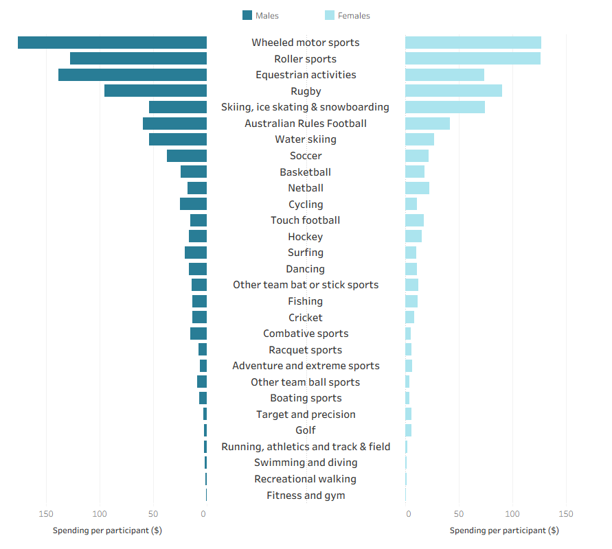 This bar chart shows injury spending per participant for males and females by type of activity at the time of injury.
