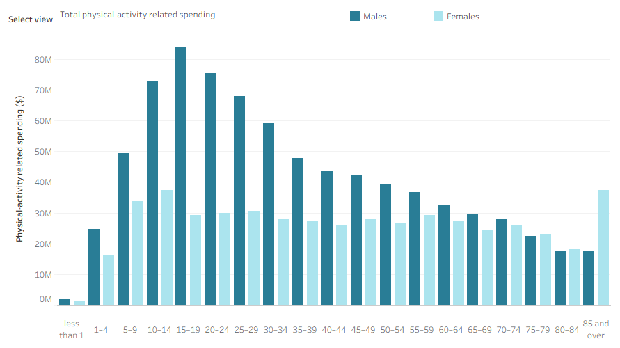 This chart shows total injury spending, injury spending attributed to sport and physical activity, and the percent of total injury spending attributed to sport and physical activity, for males and females in 5-year age groups.

