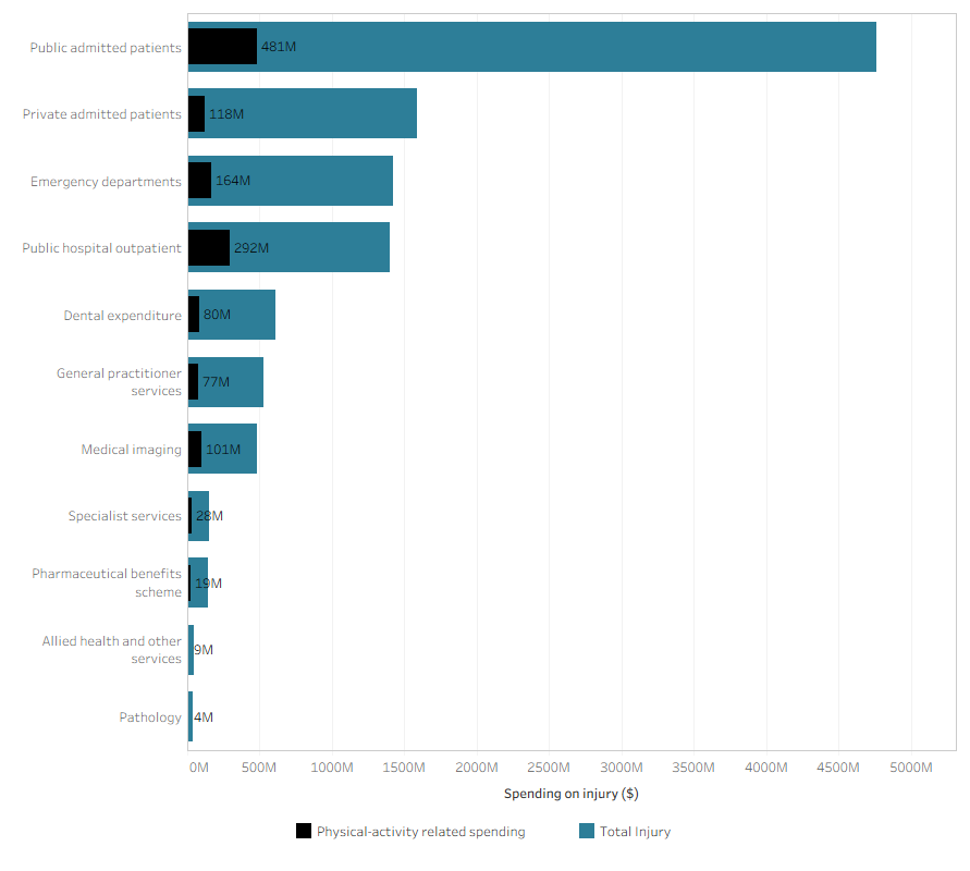 This stacked bar chart shows the spending from sport and total injury spending in each area of the health system.
