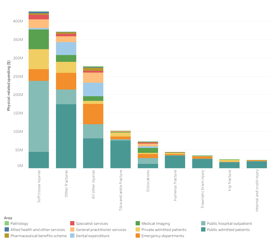 This stacked bar chart shows the spending in each treatment area for sport and physical activity injuries by type of injury.
