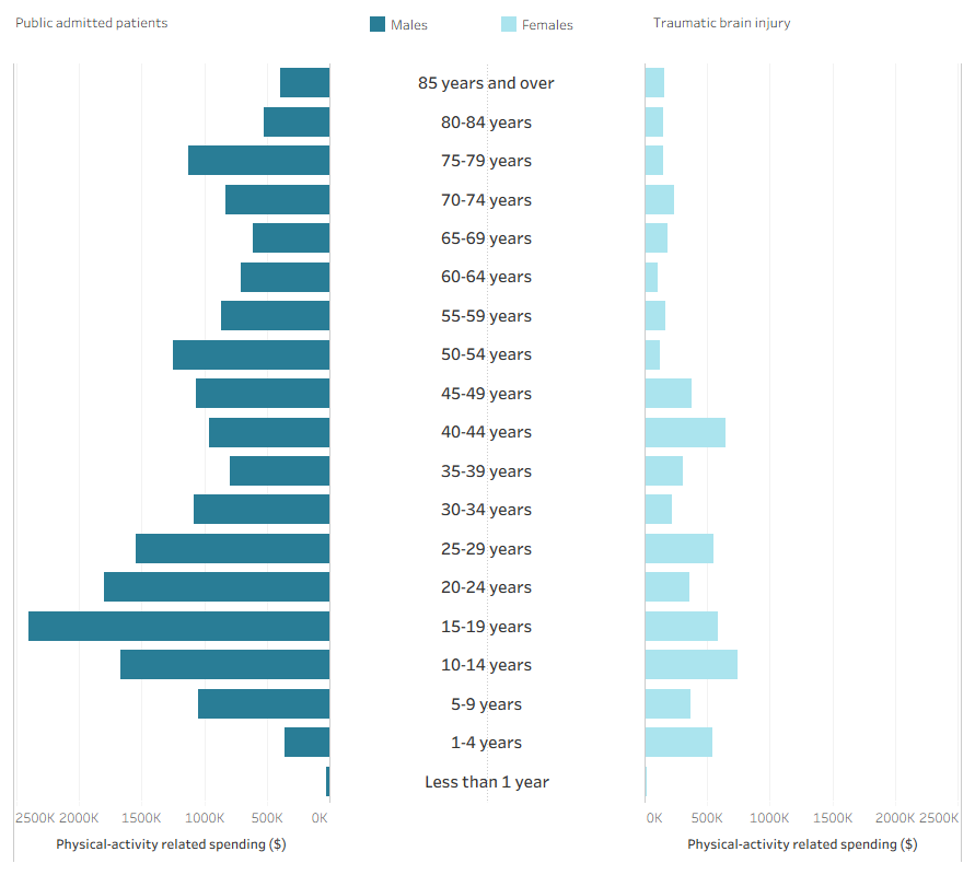 This interactive chart shows sport and physical activity related injury spending for males and females, by 5-year age group, type of injury, and treatment location.
