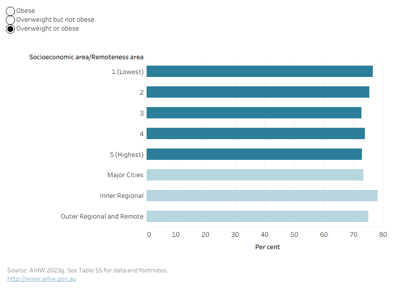By selecting the various weight classifications in this bar chart, the prevalence of the individual classification will be shown across different socioeconomic and remoteness areas.
