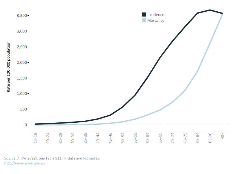 The figure shows that the incidence of all cancers increases with age, as does the associated mortality. However, mortality is delayed due to the period of living with cancer.
