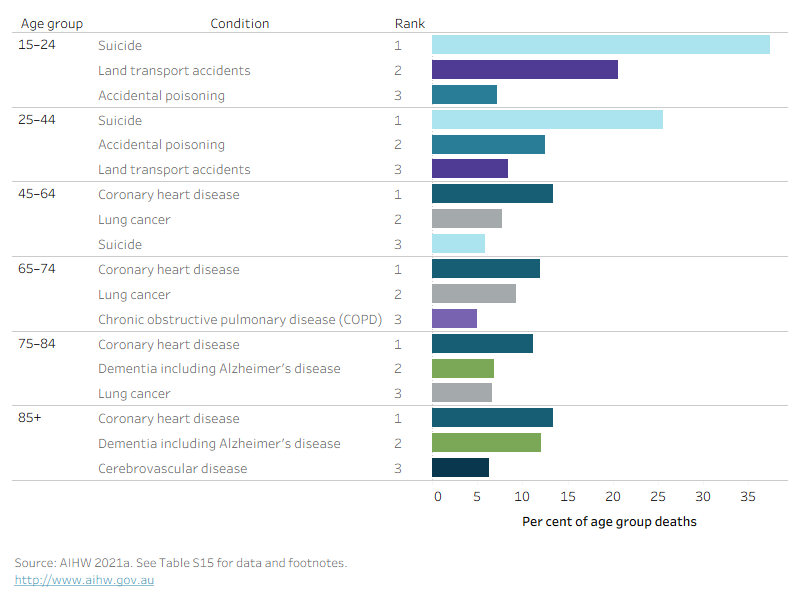 This horizontal bar chart shows the top three causes of death in rank order, and the changes with increasing age groups. Suicide affects younger age groups while coronary heart disease is ranked as the leading cause of death for those aged 45 and over.
