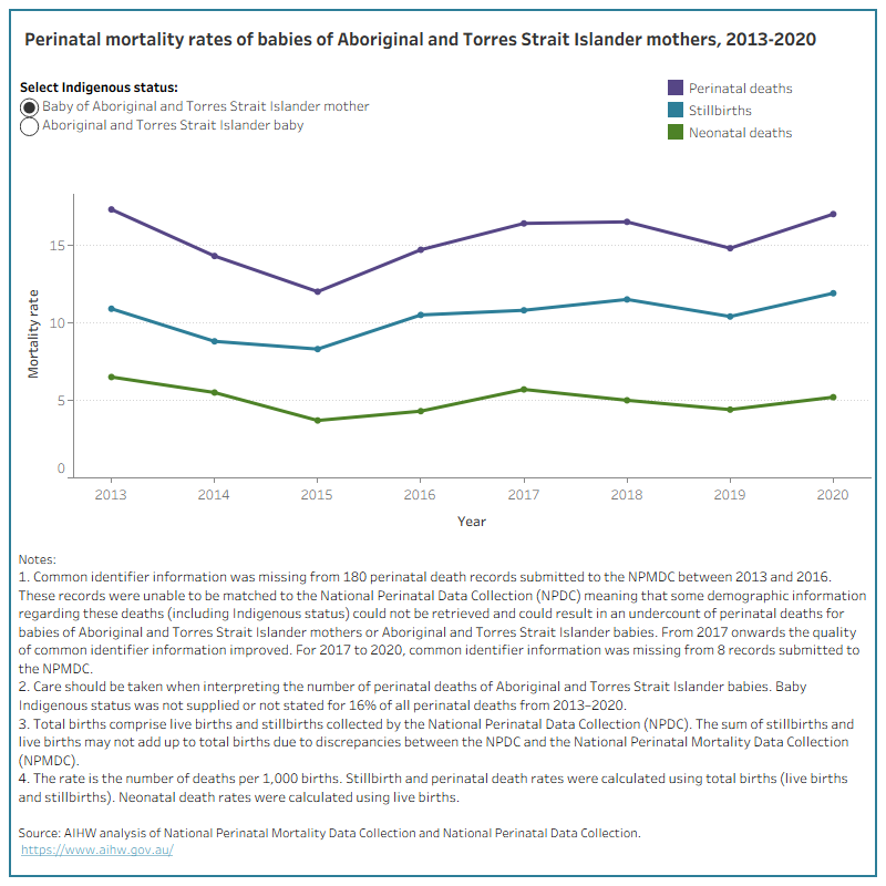 Line graph shows that perinatal mortality rates for babies of Aboriginal and Torres Strait Islander mothers and Aboriginal and Torres Strait Islander babies have fluctuated over time.
