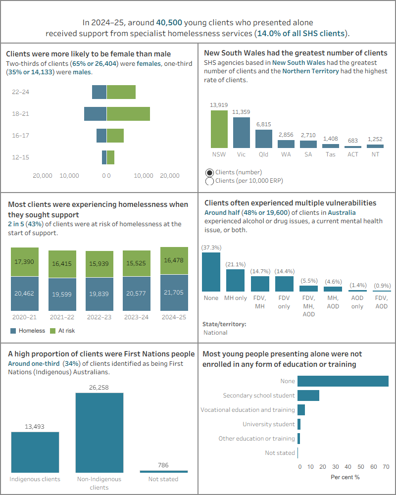 Dashboard shows the number of children and young people receiveing support by sex, by states and territories, by homelessness, by vulnerabilities, by Indigenous status, and by education and enrolment status.