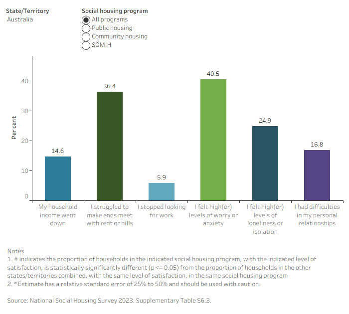 This interactive bar chart shows the proportion of tenants impacted by experiences relating to wellbeing, for each of the housing programs in each state and territory. For all housing programs in 2023, the most common experience by tenants was feeling high(er) levels of worry or anxiety, followed by struggling to make ends meet with rent or bills. 
