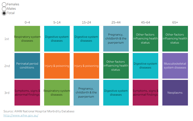 The top reason for hospitalisation for both males and females in the age-groups of 45 to 64 and 65+ was for ‘Other factors influencing health status’. ‘Injury and poisoning’ were the top reason for hospitalisation for males in the age groups 5 to 14 and 15 to 24. ‘Pregnancy, childbirth, and the puerperium’ were the top reason for hospitalisation for females in the age-groups 15 to 24 and 25 to 44.
