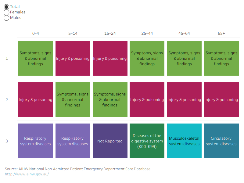 The top reason persons across all age groups present to emergency department is for either ‘Injury and poisoning’ or ‘Symptoms, signs, and abnormal findings’.