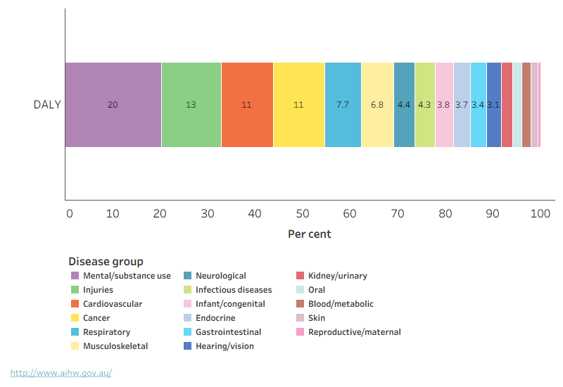 A stacked bar chart showing the disease groups and the proportion of burden they contribute. Mental/substance use, injuries, cardiovascular, and cancer, are the largest disease groups in that order.
