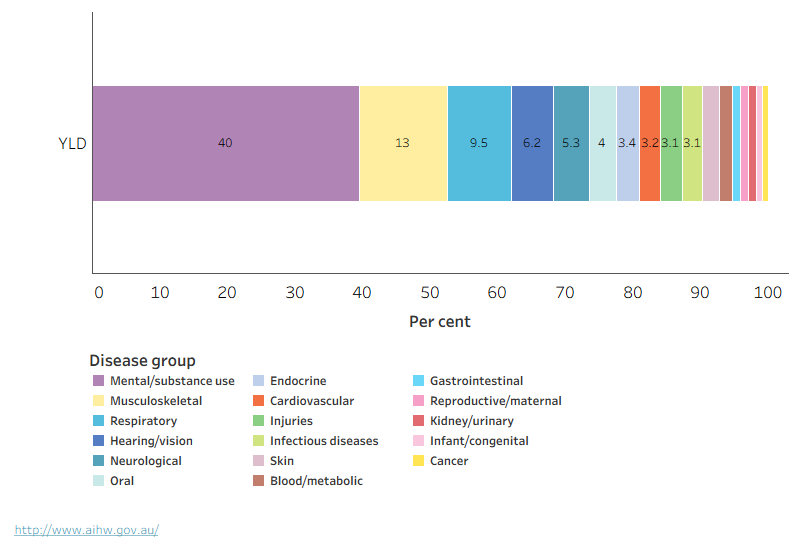A stacked bar chart showing the disease groups and the proportion of non-fatal burden they contribute. Mental/substance use, musculoskeletal, and respiratory contribute the most burden in that order.