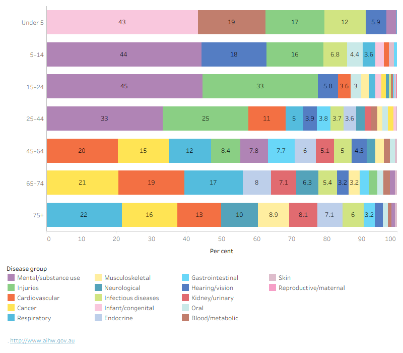 Stacked bar chart showing proportional contribution to the health gap (based on DALY difference), by age and disease group. The contribution of different disease groups to the gap in total disease burden vary by age.