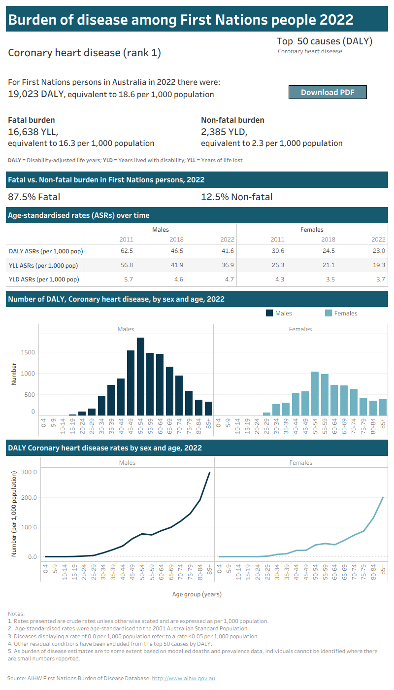 Dashboard that produces a summary PDF for top 50 specific causes. It includes tables and figures that show burden breakdown by sex and age, by number and rate, and over time.