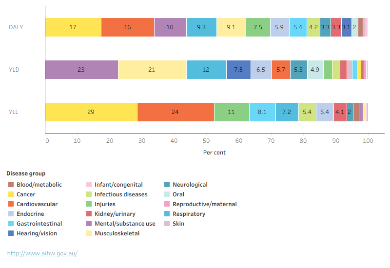 Stacked bar chart showing proportions of burden by disease group. For this age group, most YLL comes from cancer, while most YLD comes from mental health conditions and substance use disorders.