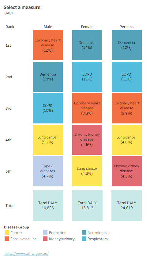 Tile map showing the top specific causes by sex and burden type. For males, coronary heart disease was the largest contributing individual cause of total burden, while for females, it was dementia.