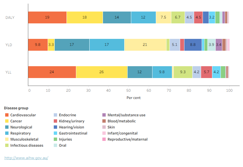 Stacked bar chart showing proportions of burden by disease group. For this age group, most YLL comes from cancer, while most YLD comes from musculoskeletal conditions.