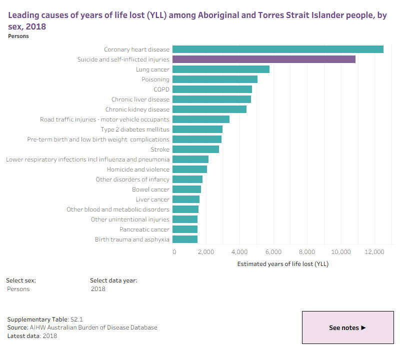 The interactive data visualisation shows the leading causes for years of life lost (YLL) among Aboriginal and Torres Strait Islander people, based on leading causes of mortality in Australia. Sex (females, males, persons) and data year (2003, 2011, 2015, 2018) can be selected for viewing. Highlighted in purple indicates YLL due to suicide and self-inflicted injuries.