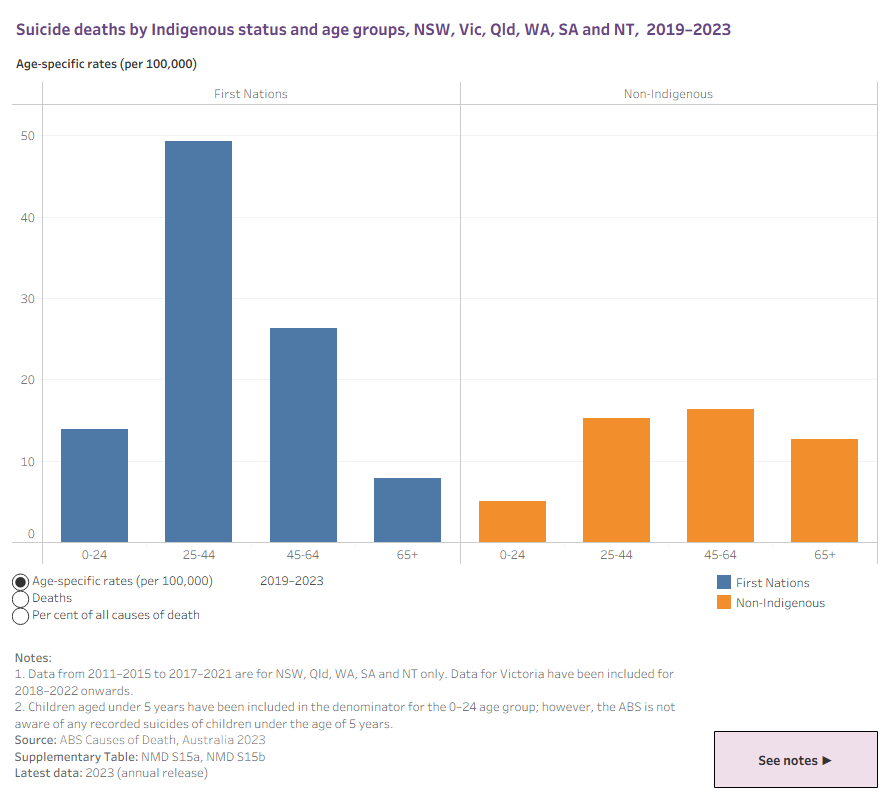 This column graph shows suicide deaths by Indigenous status from 2011–2015 to 2019–2023 for selected jurisdictions. Selection in measurement can be made between age-standardised rate (per 100,000 population), number and percentage of suicide deaths out of all causes of death. Data are presented in 5-year ranges, which can be selected. Both First Nations people and non-Indigenous Australians are visualised.