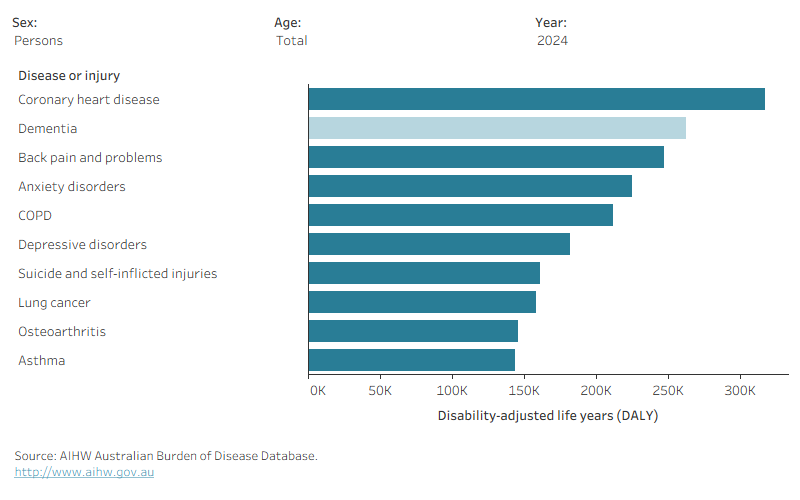 Bar graph showing the leading causes of disease burden with filters for age, year and sex. For 2024 dementia is generally the leading cause of disease burden in older age groups (over 80) for all sexes.