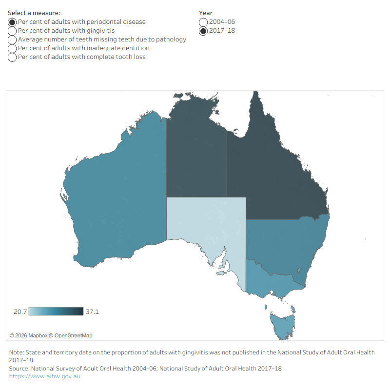 Choropleth map of inadequate dentition in adults 15+ by state and territory. ACT lowest at 6.4 per cent and Tasmania highest at 15.0 per cent.
