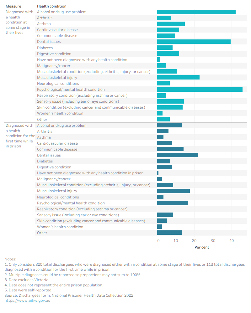 Bar chart showing prison dischargees’ diagnosed conditions. Dental conditions were diagnosed for 39.4 per cent at any time, with 22.1 per cent first diagnosed in prison.