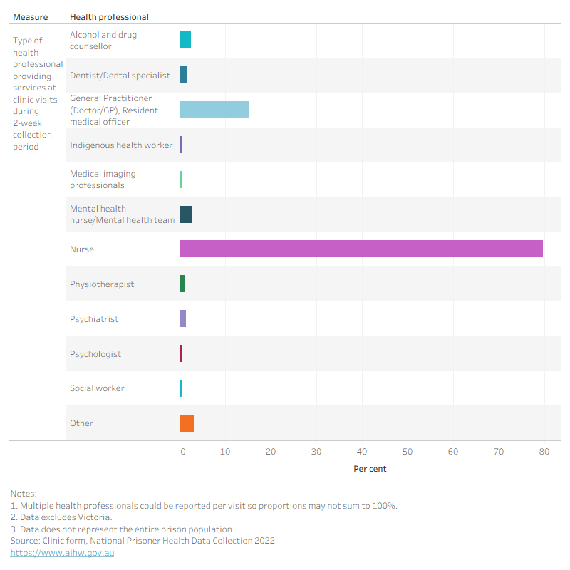 Bar chart showing providers at prison clinic visits over two weeks. Dental service providers were 1.5 per cent versus nurses 79.5 per cent and general practitioners 15.2 per cent.