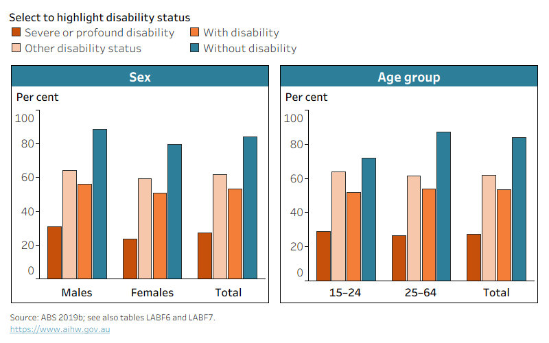 The chart shows people aged 25–64 with disability are less likely (54%) to participate in the labour force than those without disability (87%).
