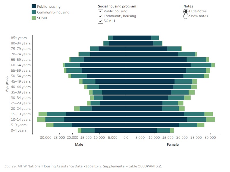 The chart shows the highest number of occupants in social housing were aged 10–14; in public and community housing females aged 60–64 and males 10–14 were the largest groups by sex.